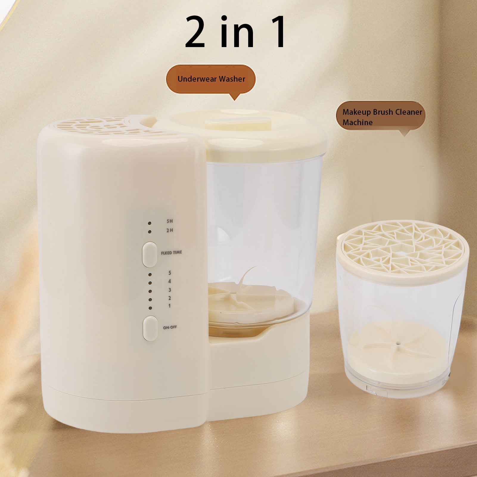 Suodoka 2 in 1 Multifunctional Portable Underwear Washing Machine and Automatic Cosmetic Makeup Brush Cleaner for Home Apartment Dorm Travel, High-Efficiency Compact Washer, Beige (8.7 in / 22 cm)