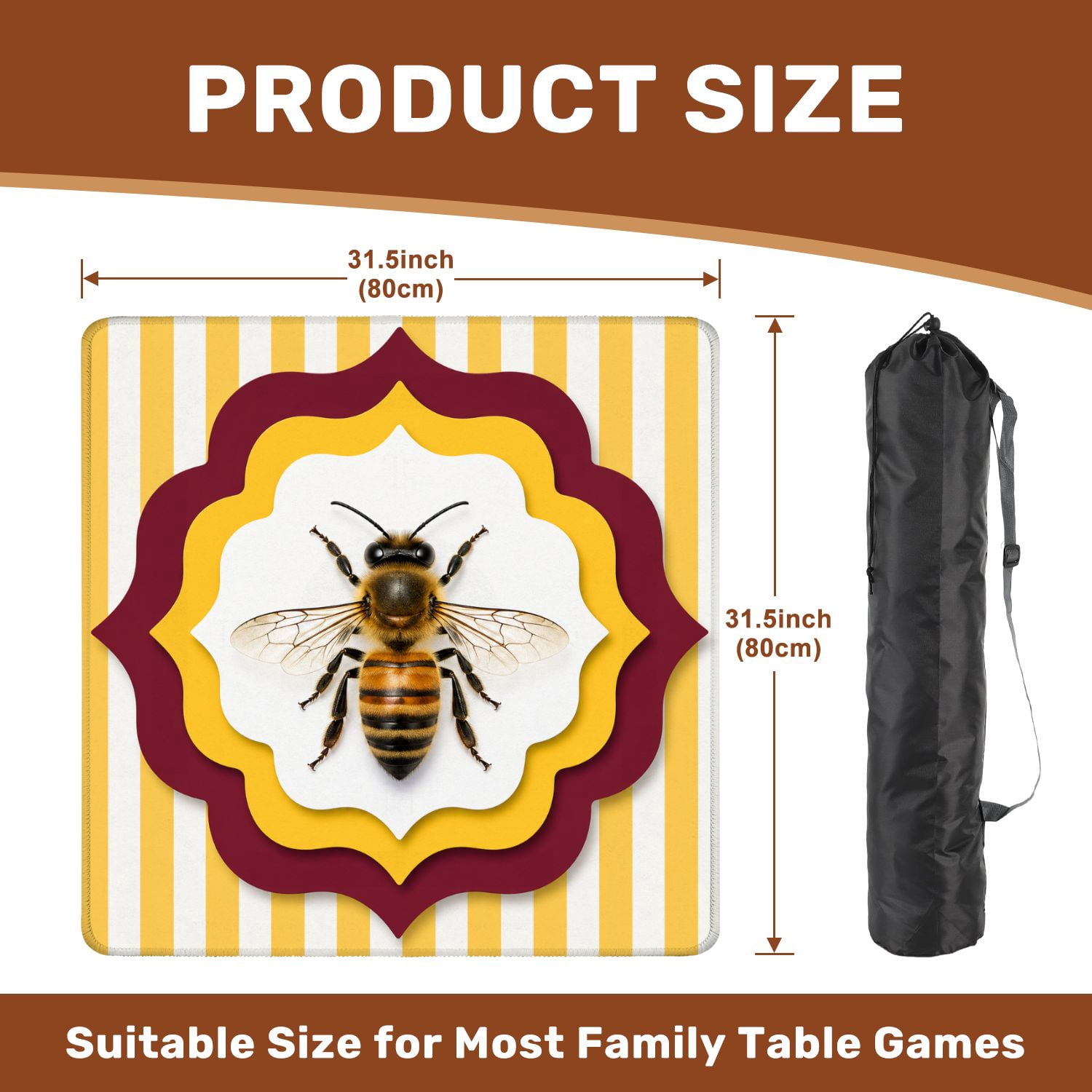 Mahjong Mat 31.5" x 31.5" Realistic Honey Bee Layered Geometric Yellow Maroon Accents Non-Slip Noise Reduction American Mahjong Tiles Table Cover for Dominoes Poker Card Board Games Gift