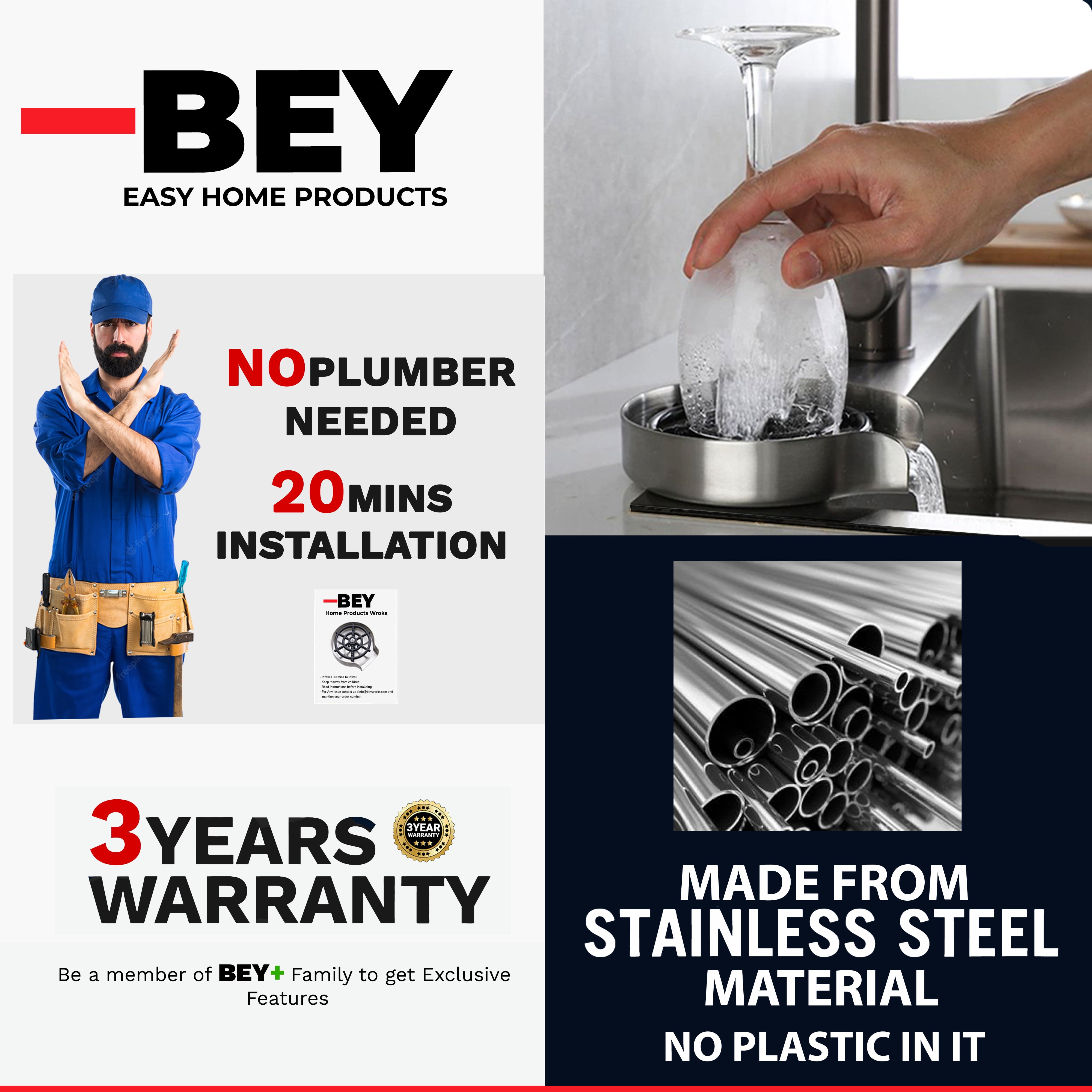 BEY Automatic Glass Rinser - Powerful Cup Washer for Kitchen Sink, Stainless Steel Baby Bottle Cleaner Sinks Attachment, Bar Accessories Spray Metal