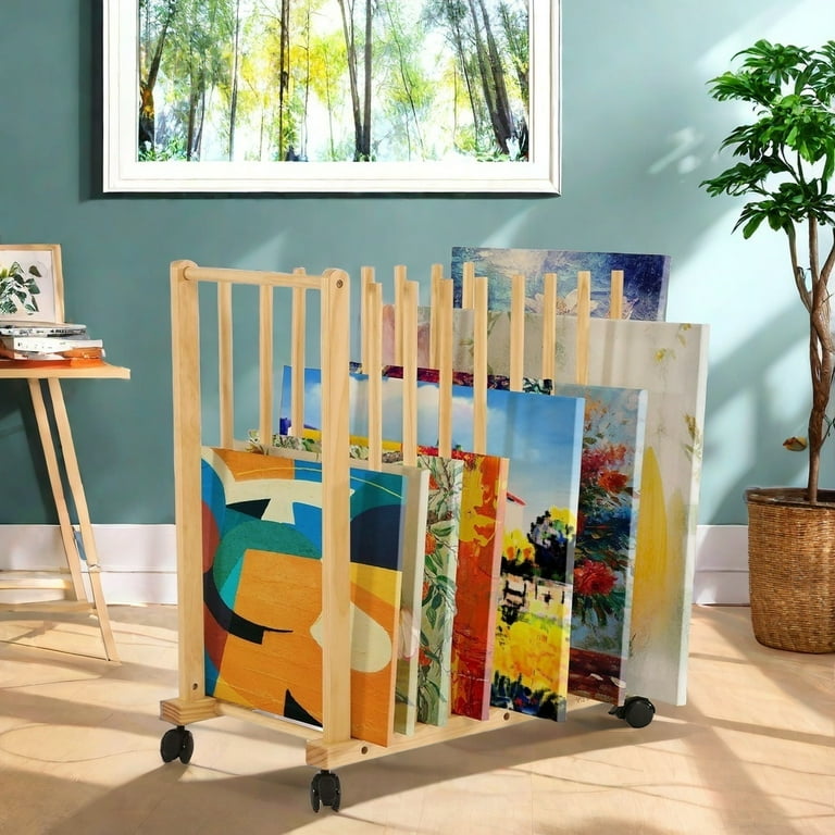2-Tier Art Canvas Storage Rack With Wheels & Handle - Adjustable Beech Wood Rack For Studio, Gallery