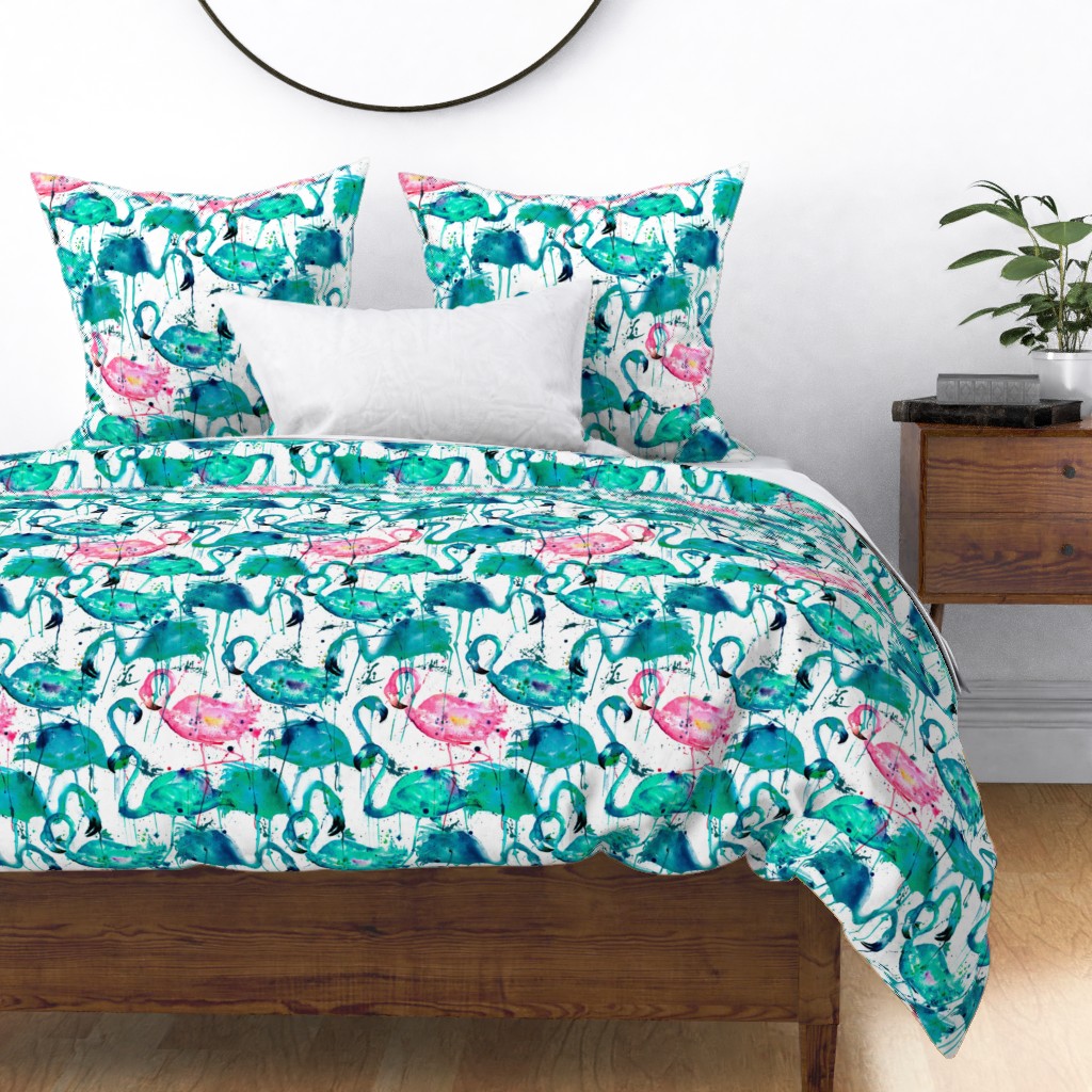 Cotton Sateen Duvet Cover, Full/Queen Teal, Pink, Flamingos, Splash