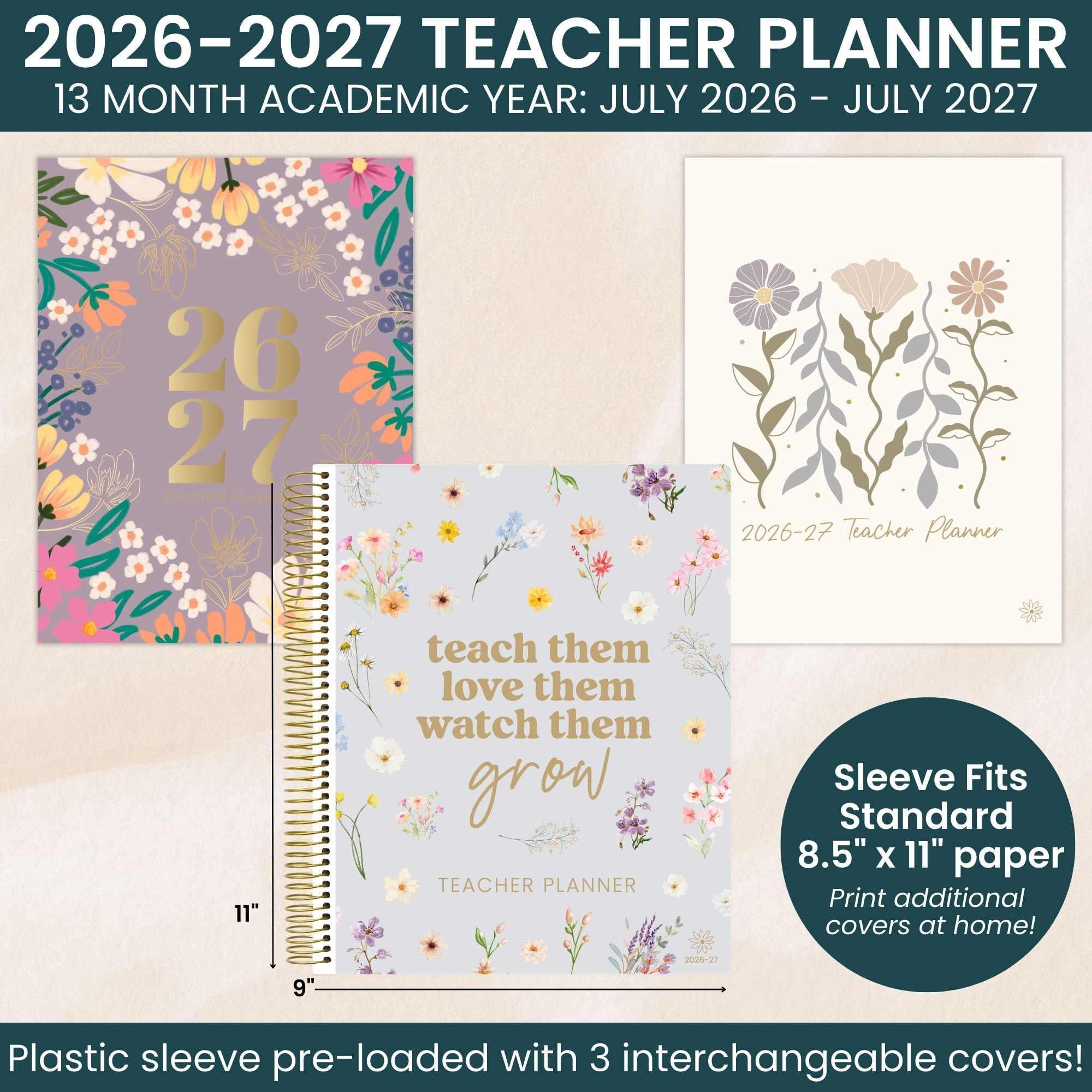 bloom daily planners 2026-2027 Academic Teacher Planner, 13-Month Lesson Plan Book, 9" x 11", Interchangeable Cover, Cool Tones