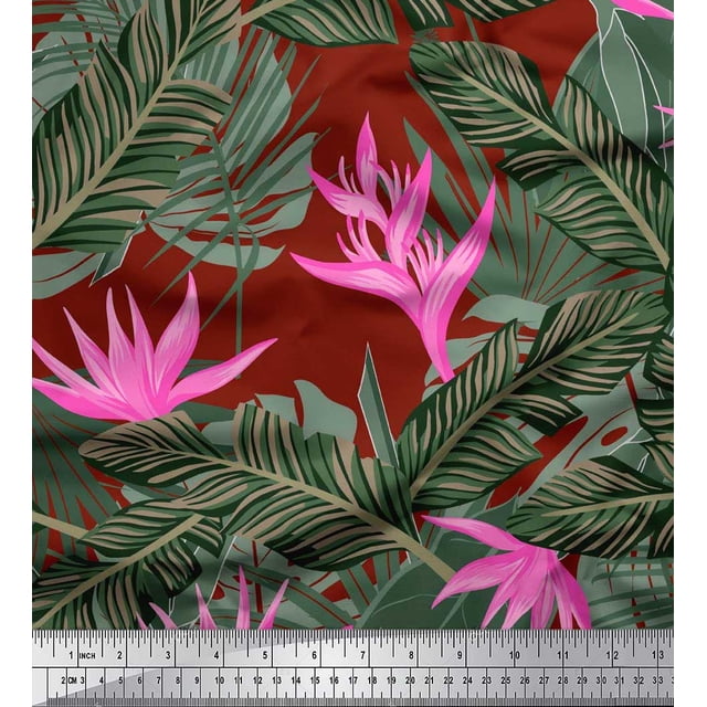 Soimoi Modal Satin Fabric Floral & Leaves Tropical Decor Fabric Printed Yard 42 Inch Wide