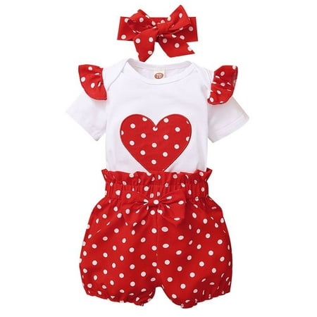 

uukiA Infant Baby Girl 0-12 Months Love Short Sleeve Romper Polka Dot Shorts Set Hairband Three Piece Set