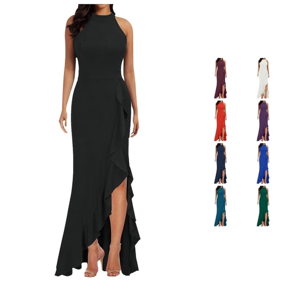 Wxolcjlv Ruffle Slit Maxi Dress for Women Halter Neck Fitted Evening Gala Gown