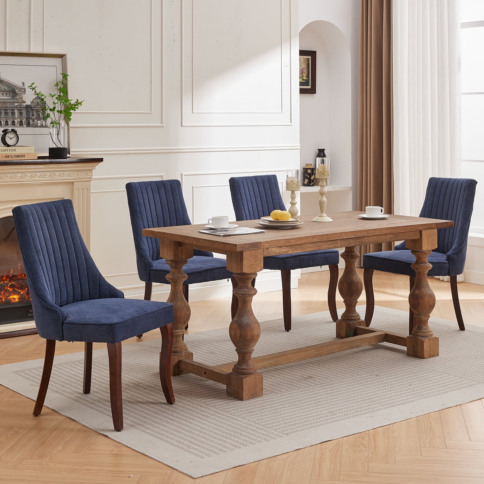 Navy Mid Century Dining Chairs Set of 8, Modern Kitchen & Dining Room Chairs Set of 8, Linen Upholstered Kitchen Chairs, Sillas de Comedor, Wood Legs (Blue, 8 Pcs)