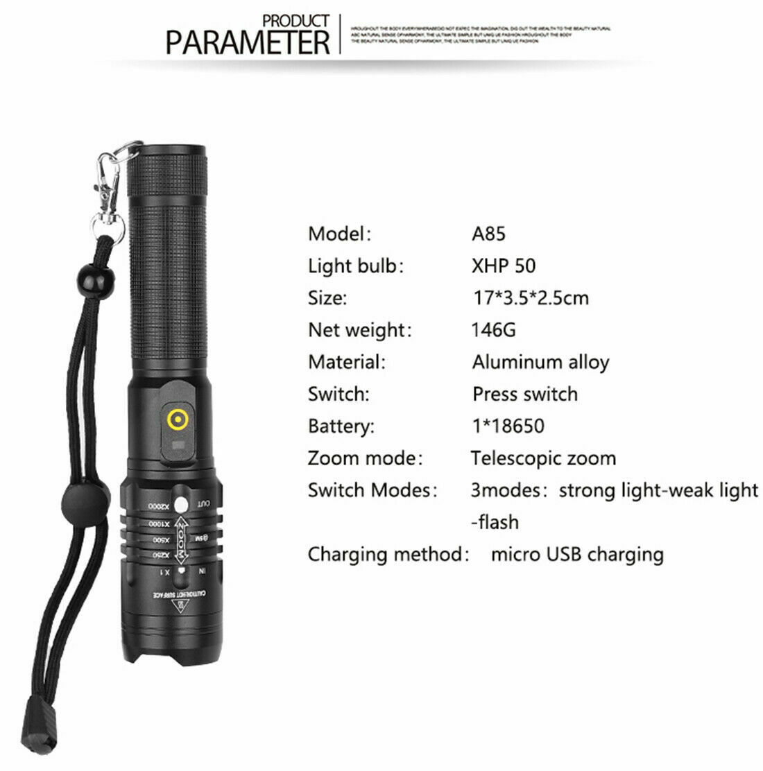 High Power 990000Lumens XHP50 Zoom Flashlight LED Rechargeable Torch Headlamp US