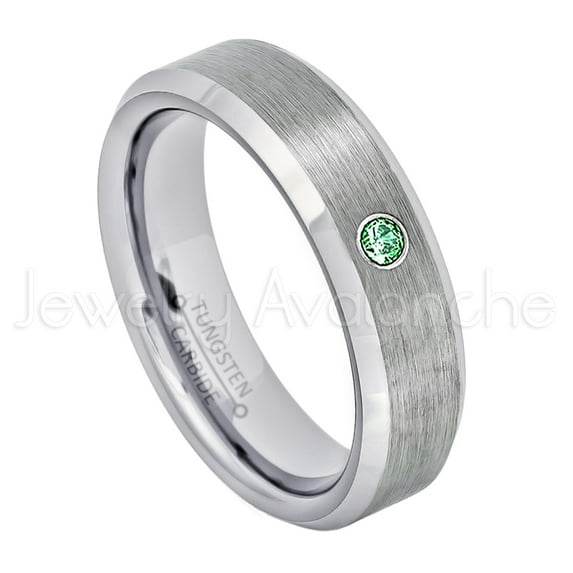 6mm Ladies Beveled Tungsten Ring - 0.07ct Solitaire Emerald Ring - Personalized Tungsten Wedding Ring - Custom Made May Birthstone Ring TN038BS