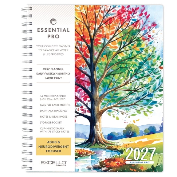 Excello Essential Pro 2027 Weekly & Monthly Planner, 8.5" x 11", 14-Month Calendar Nov 2026-Dec 2027, Monthly Tabs, Notes Pages, Storage Pocket, Bookmark & Sticky Notes, Tree Seasons