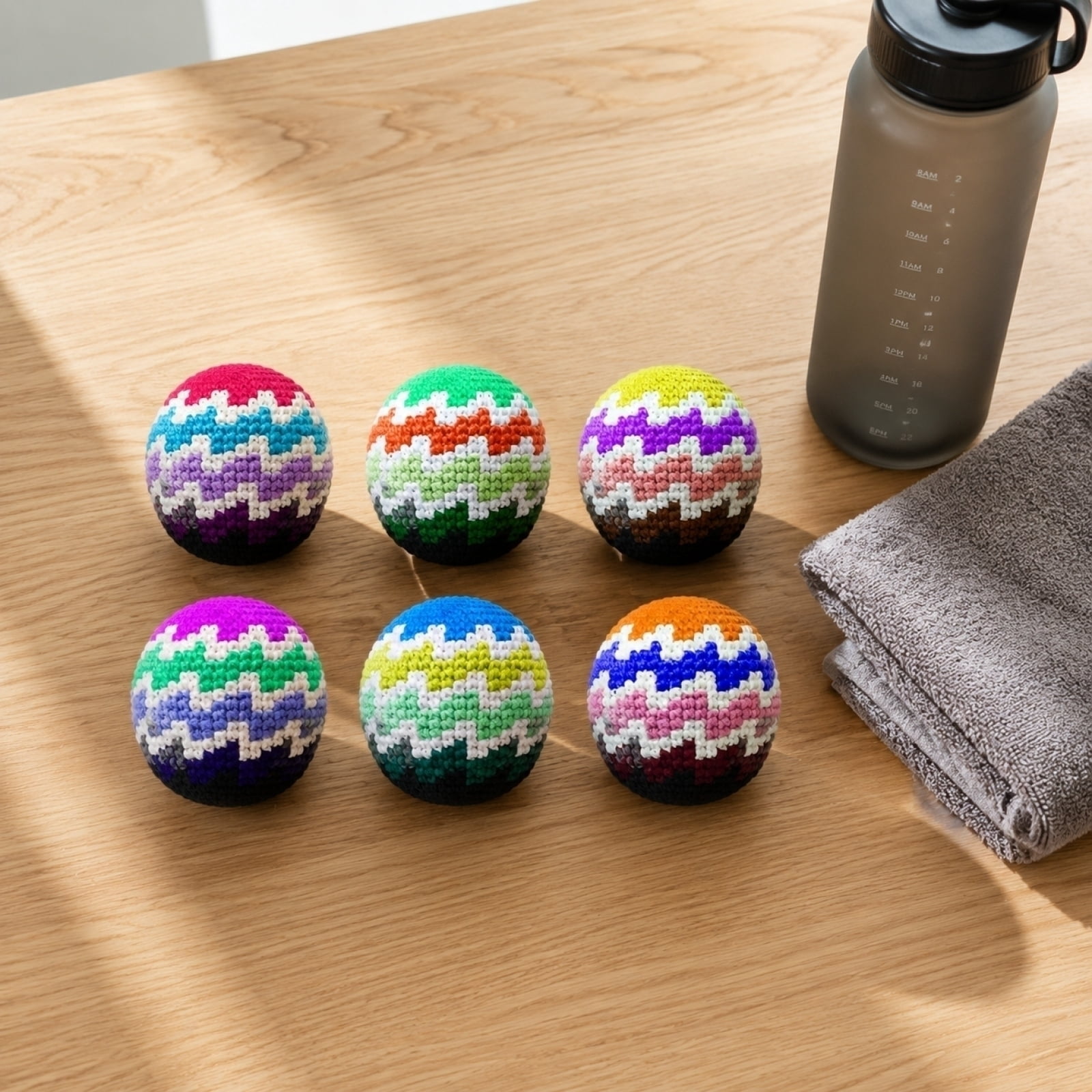 Premium Hand-Knit Crochet Juggling Balls - Professional 2.2" Weighted Striped Bean Bags for Skill Training, Soft Stress Relief Hand Exercise Squeeze Balls, Multi-Color Set of 6