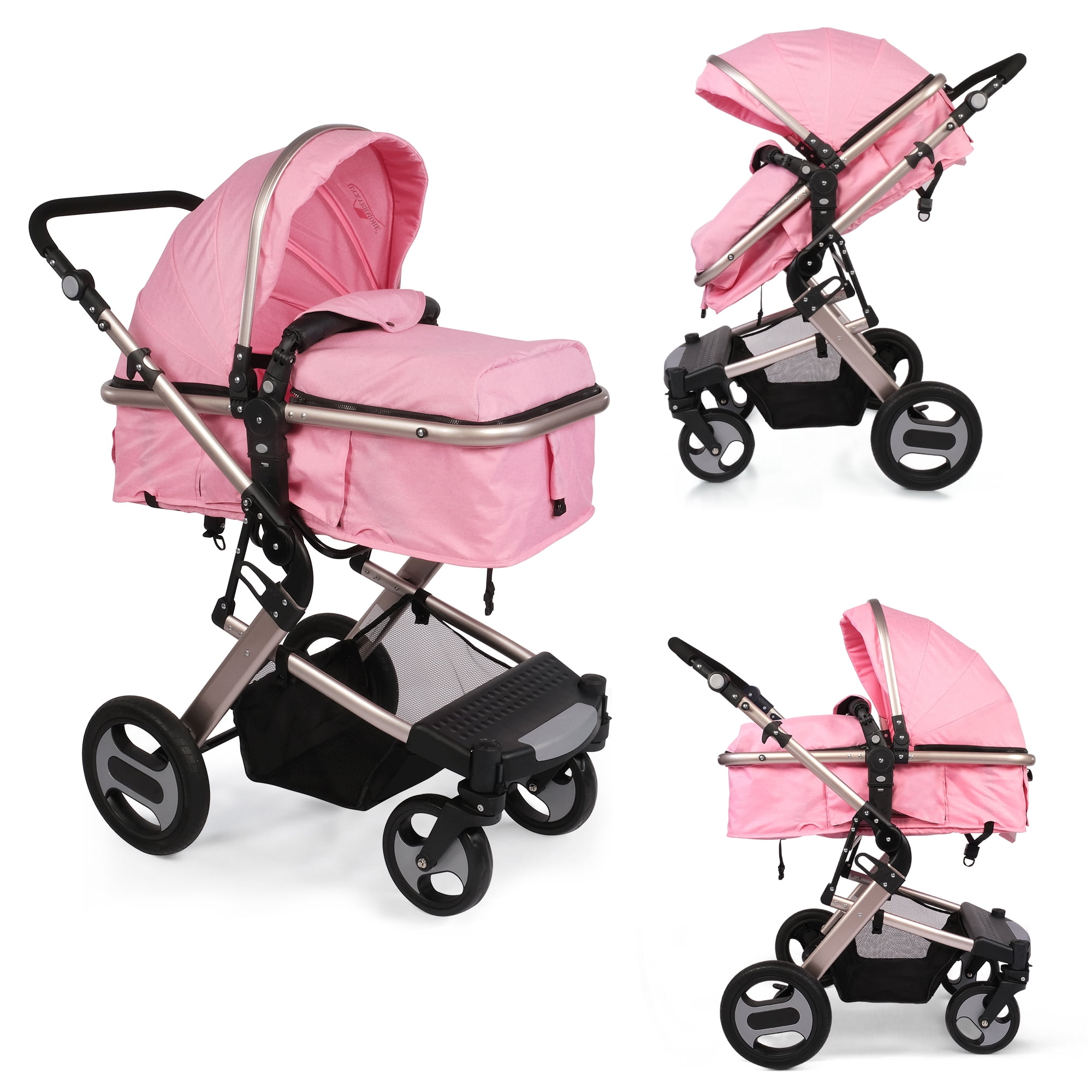 3 in 1 Baby Stroller Portable Baby Standard Pram Travel Baby Carriage Folding Baby Prams Aluminium Frame High Landscape Car for Newborn Pink 