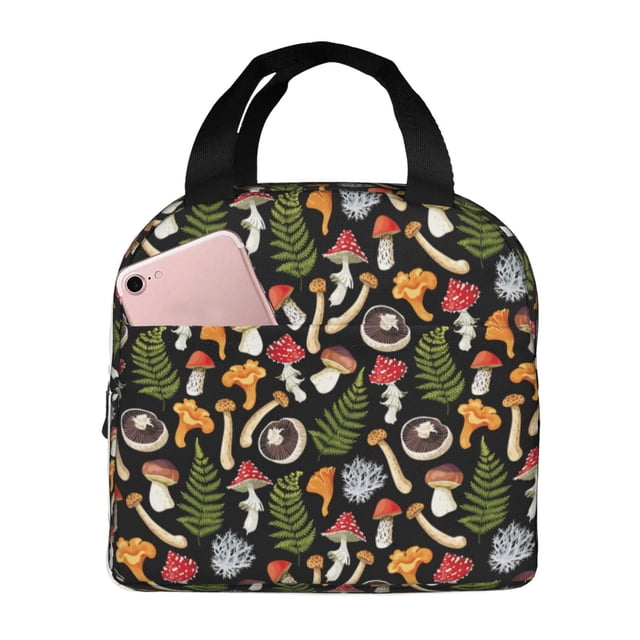 Fotbe Mushrooms Bolsa Térmica con Estampado y Forro de Aluminio Grueso Bolsa de Almuerzo con Bolsillo Frontal para Hombres y Mujeres, Ideal para Trabajo, Escuela