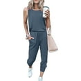 thumbnail image 3 of Scyoekwg Women 2 Piece Outfits Solid Color Casual Round Neck Sleeveless Tank Tops Comfy Joggers Pants Pocket Travel Set Outfit (Navy,L), 3 of 5