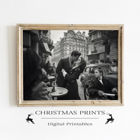 PosterArt Paris Kiss Poster Wall Art, Romantic 1950s Black And White Photography Illustration For Timeless Retro Decor, 8x12 UNFRAMED