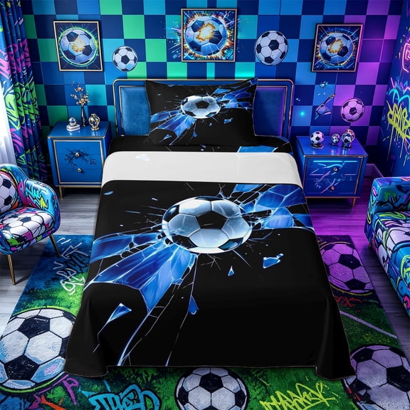Castle Fairy Soccer Print Twin Sheets 3pcs, Abstract Grid Bedding, Black Blue,1 Fitted Sheet, 1 Flat Sheet and 1 Pillowcase