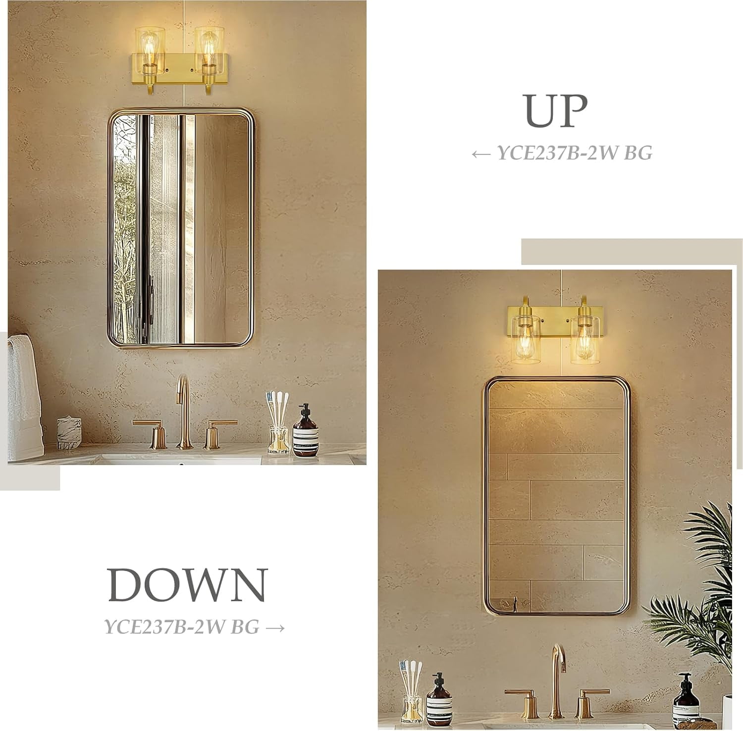 Emliviar 2 Light Brushed Gold Vanity Light, Modern Bathroom Lighting Fixture, YCE237B-2W BG