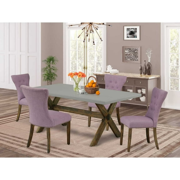East West Furniture 5-Pc Kitchen Dining Table Set Included 4 Parson Dining chairs Upholstered Seat and High Button Tufted Chair Back and rectangular dining Dining Table with Cement Color Dining Table