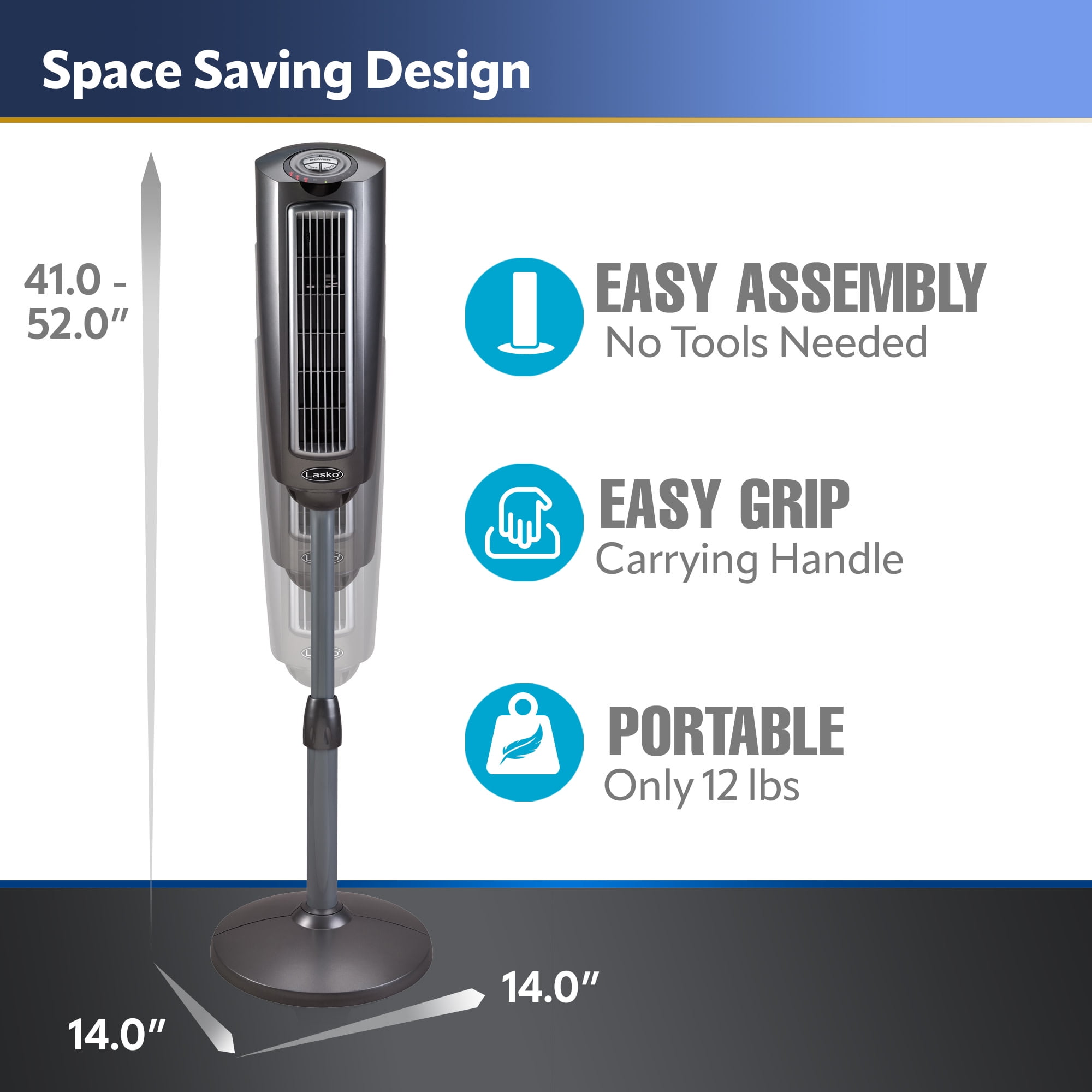 Lasko 52" 3-Speed Adjustable Oscillating Remote Controlled Pedestal Tower Fan, Gray, 2535