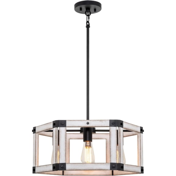 20" 4-Light Farmhouse Pendant Chandelier   Hexagonal Open Design, White Ash Wood Style   Black Finish