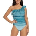thumbnail image 2 of Picia Teal Turquoise Fluid Stripes Pattern Women's One Piece Swimsuits,One Shoulder Swimwear Asymmetric ,Ruffle Monokinis Bathing Suits,High Waisted Flattering Bathing Suits-Small, 2 of 8