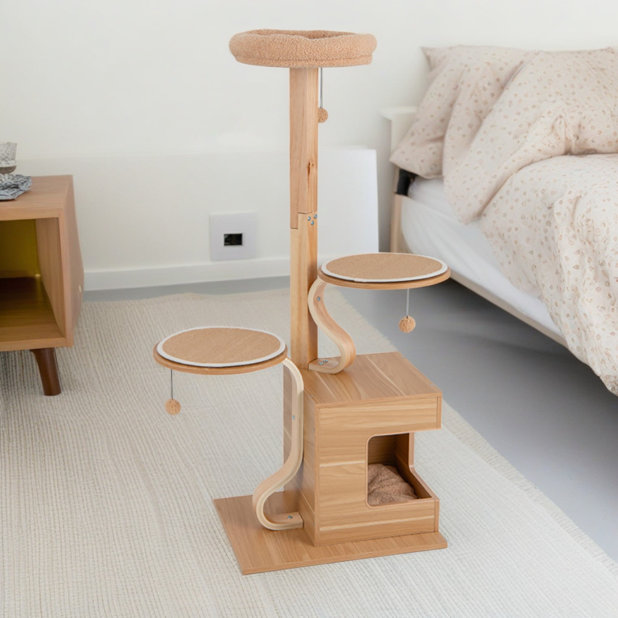 resenkos 51" Multi-level Wood Cat Tree Tower with Washable Cushions for Indoor Cats, Featuring with Cat Condo for Kittens and Cats, Beige