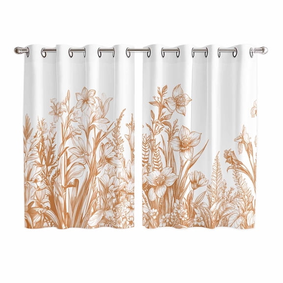 Wildflower Leaf Kitchen Curtains 63 Inch Length, Brown Floral Botanical White Watercolor Grommet Top Bedroom Living Room Curtains, Light Filtering Cafe Curtain Drapes 2 Panels Set 104''x63''