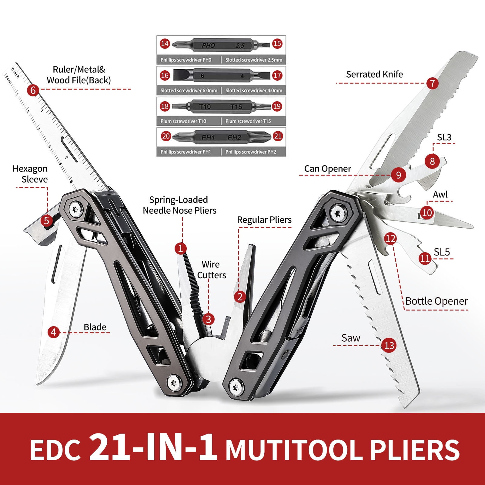 TAWOM 21-in-1 Multitools Pocket Knife, Multi-Function Pliers, Self-Locking EDC Survival Gear with Pouch for Camping, Outdoor , Father's Day Gift for Men, Dad, Him, Gray