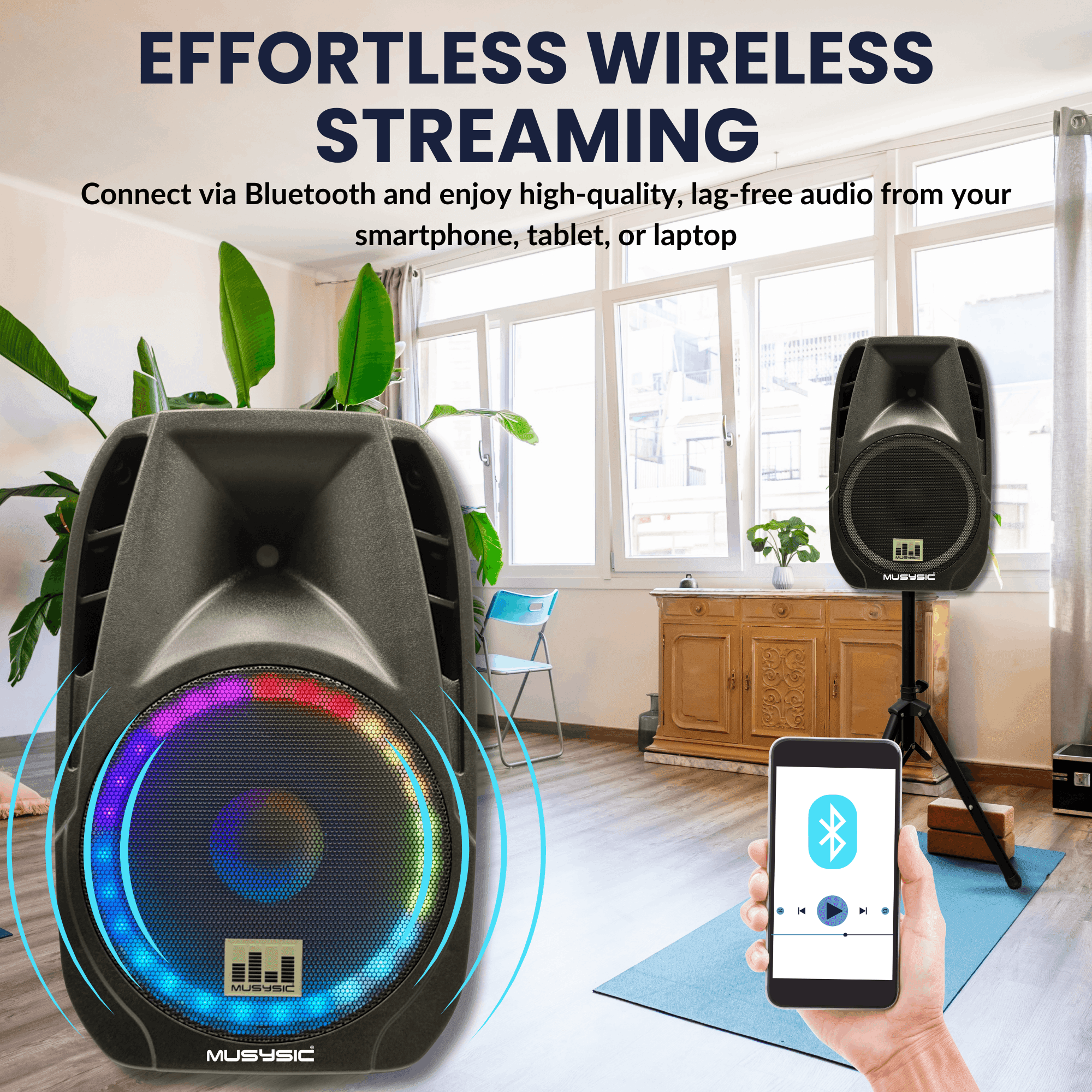 MUSYSIC MU‑U15PA Professional 15" Portable PA System – 2000W Peak, Dual UHF Wireless Microphones, Bluetooth, USB, FM Radio, Rechargeable Battery, Remote Control