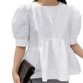 thumbnail image 4 of VONDA Women Fashion Puff Sleeve Half Sleeve O-Neck Blouse Ruffled Hem Pleated Tops, 4 of 4
