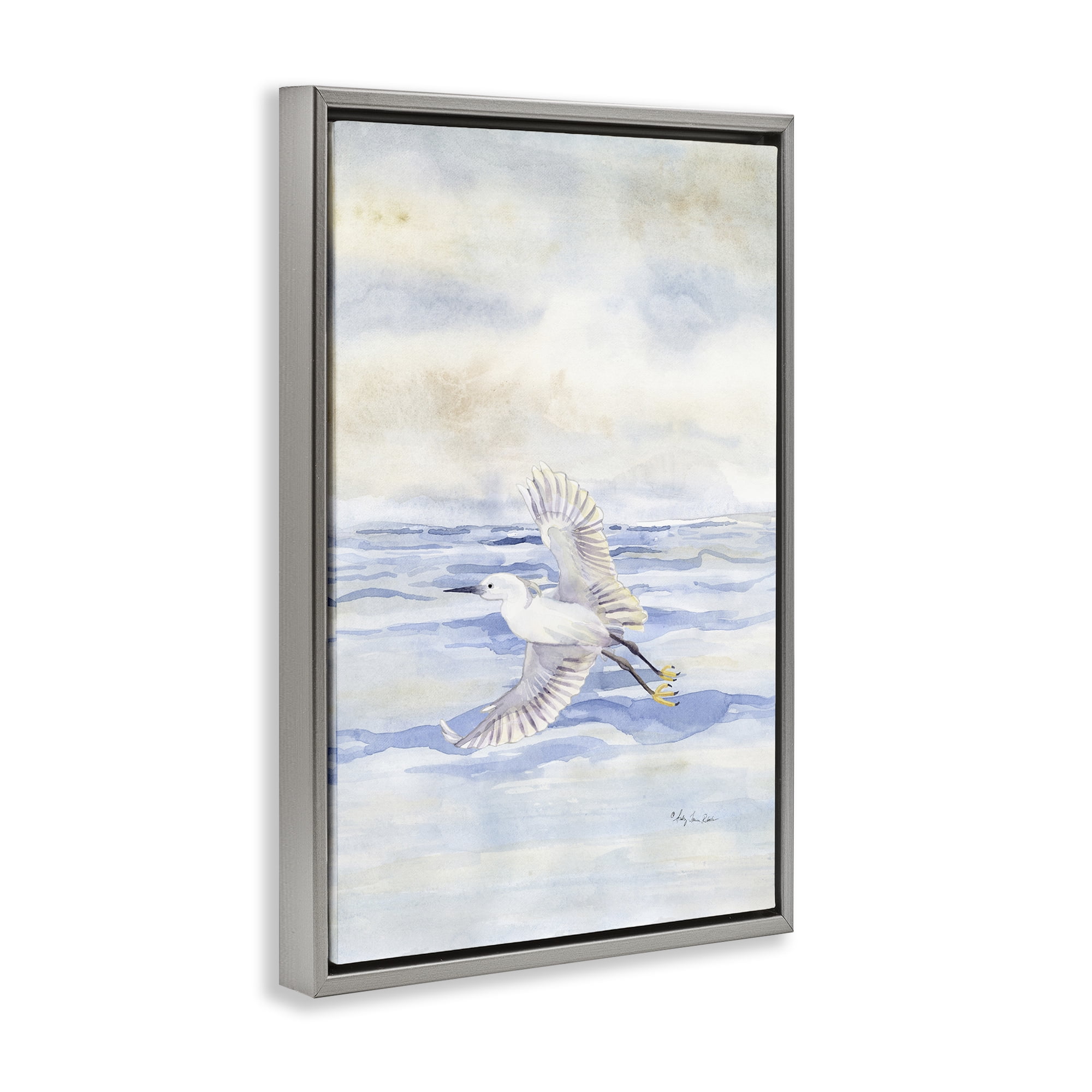 Stupell Industries Flying Heron Over Water Landscape Painting Gray Floater Framed Canvas Art Print Wall Art, 21 x 31