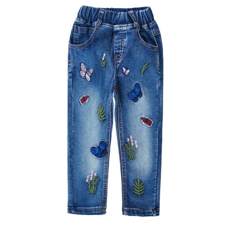 

KIDSCOOL SPACE Little Girl Embroidered Jeans Big Girls Elastic Waist Denim Bottom Pants