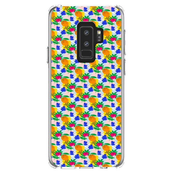 DistinctInk Clear Shockproof Hybrid Case for Samsung Galaxy S9  PLUS (6.2" Screen) - TPU Bumper, Acrylic Back, Tempered Glass Screen Protector - Summer Vibes Floral Pattern Orange Blue Yellow