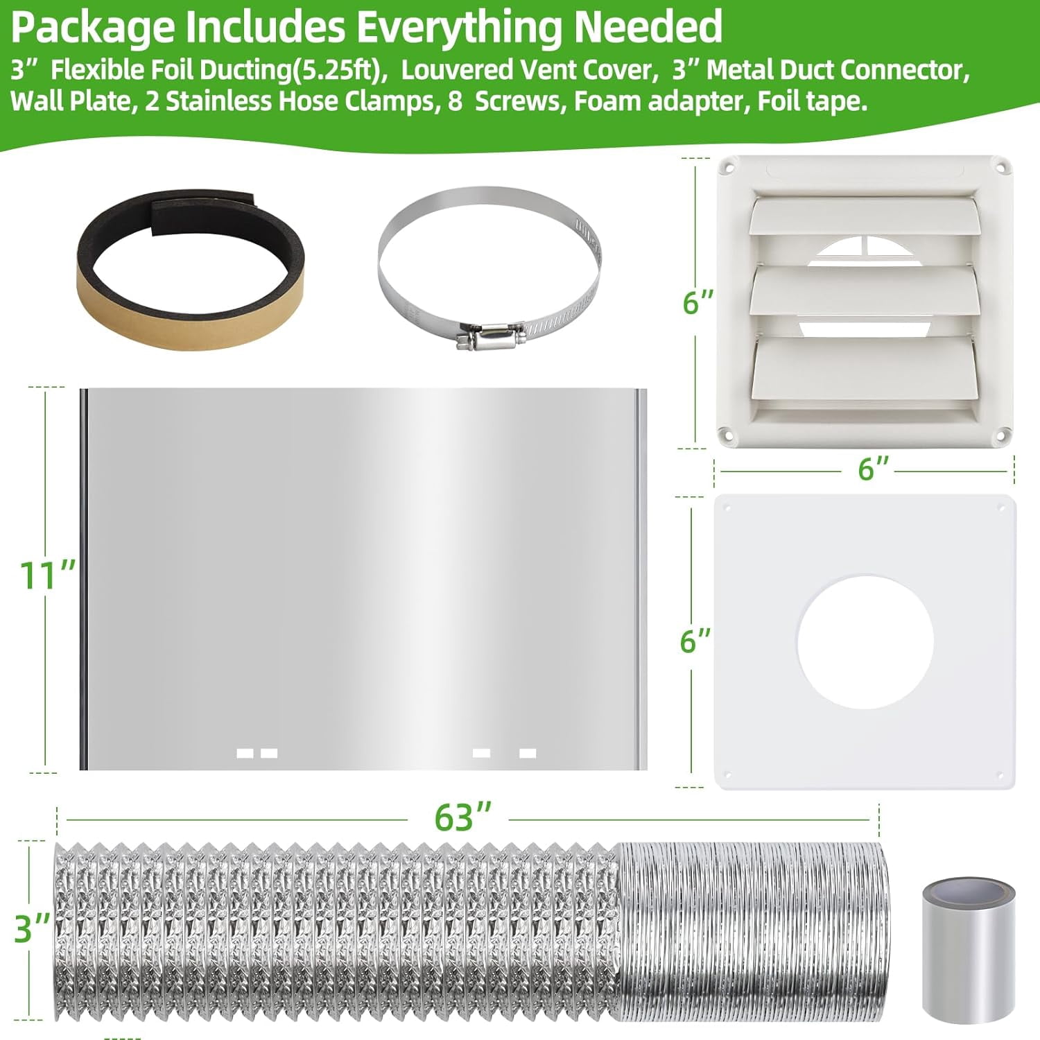 Dryer Vent Kit Through Wall with Hose/Duct Connector/Wall Plate,3 Inch Dryer Vent Hose Connector Ducting Kit for Bathroom Exhaust Fan Ventilation,Ceiling Washer Air Circulation