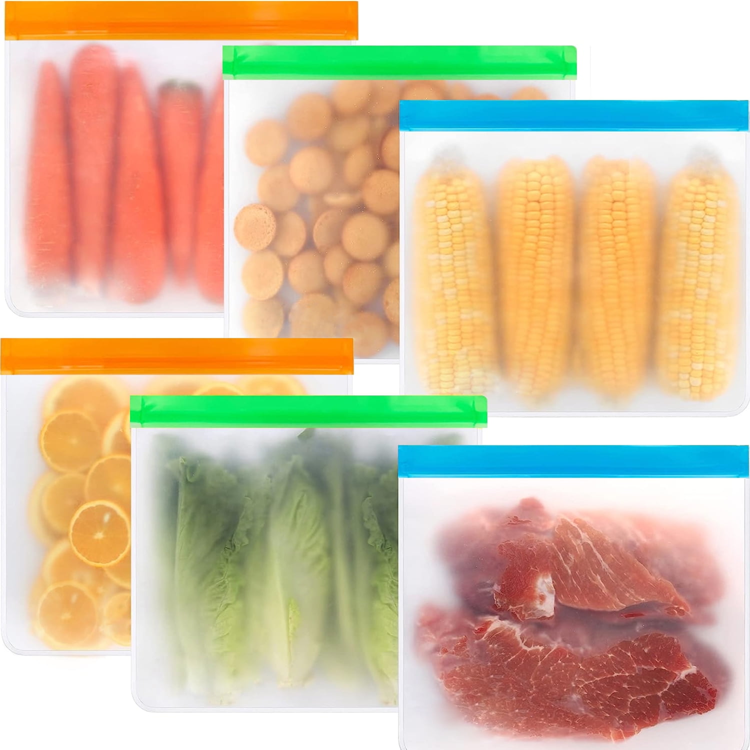 Freaki 6 Pack Reusable Silicone Bags, Silicone Ziplock Bags Leakproof