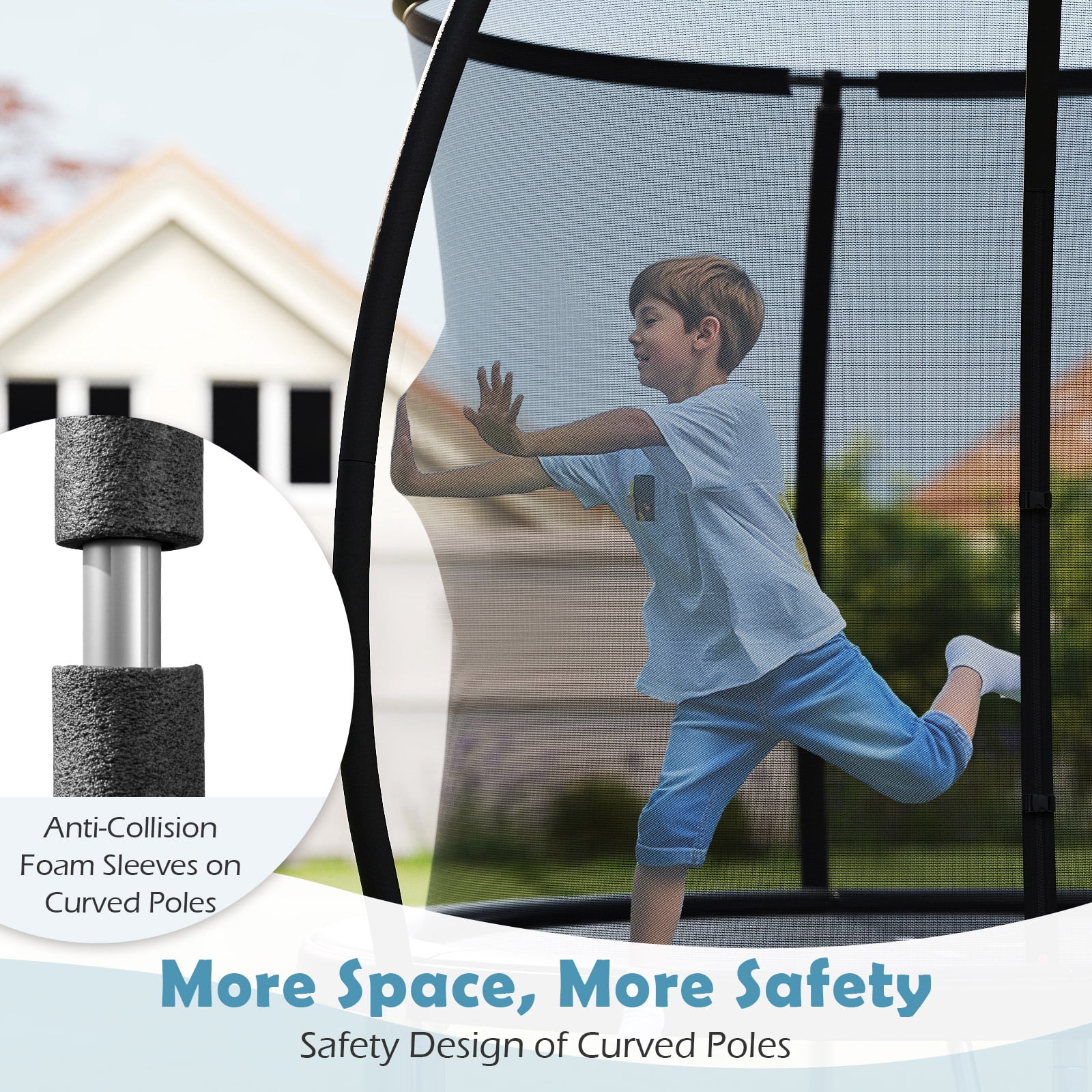 Gymax Outdoor Trampoline w/Safety Enclosure Net & Anti-Rust Galvanized Steel Frame Black