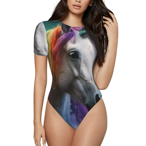 Balery Colorful Haired White Horse Body de cuello redondo de manga corta para mujer Tops de manga corta Tops básicos-X-Large