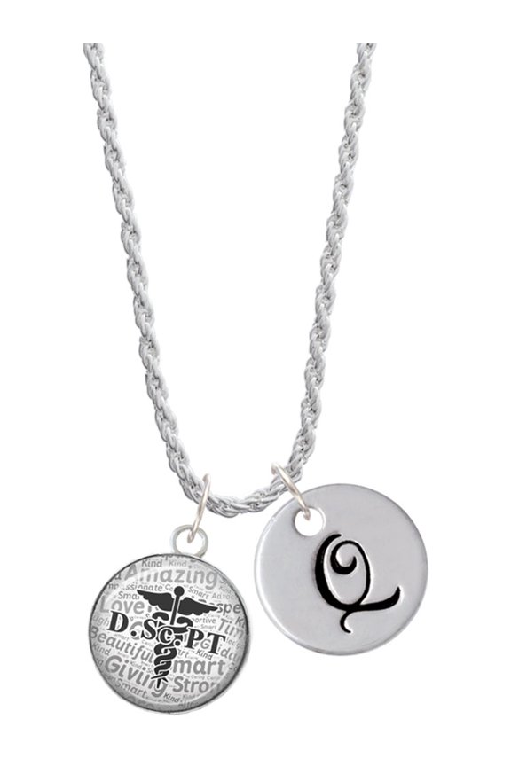 Silvertone Domed Black DScPT Silvertone Script Initial Disc - Q - Charm Necklace, 20"+3"