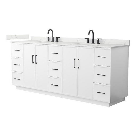Elan TK 84" White Double Vanity & Giotto Quartz Top (3-Hole) & Black Trim