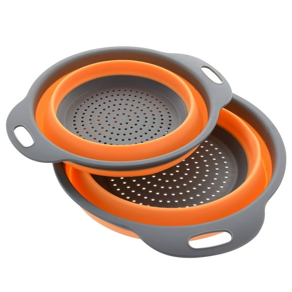 GIXUSIL Collapsible Colander 2 Pack - BPA Free Silicone Food Strainer with Plastic Handles - Heavy Duty Foldable Heat Resistant Pasta and Veggies Kitchen Drainer Steam Basket - Orange