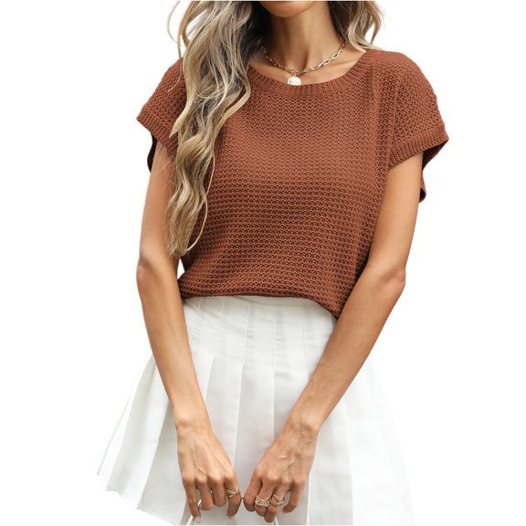 Stichou Women's Sweater Vest Spring Summer Cap Sleeve Crew Neck Casual Loose Knit Business Tops Western Vacation Outfits Brown S