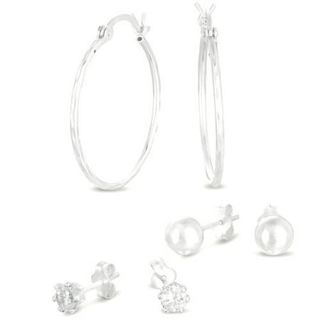 CZ Sterling Silver Stud and Hoop Earrings Set