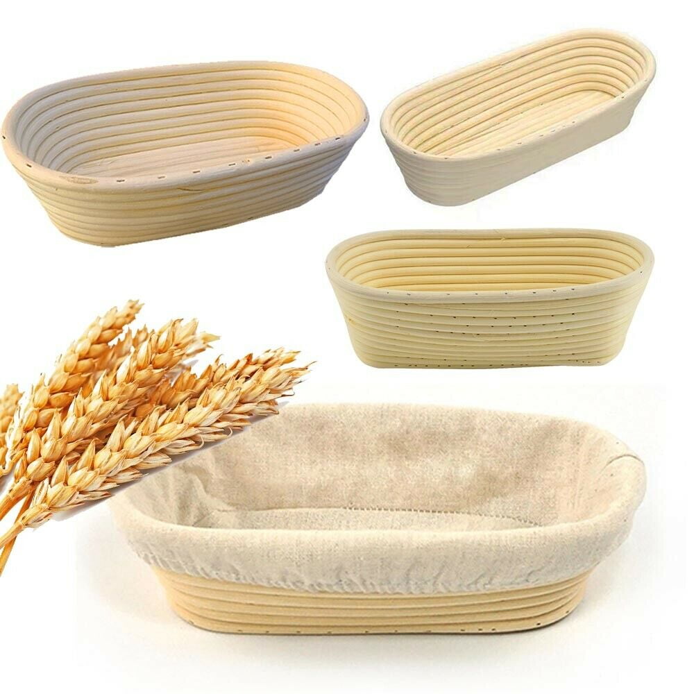Bread Basket Baking Bowl With a Dough Scraper and Linen Liner Cloth Banneton Proofing Basket for Professional & Home Bakers Bread Baking 2 Pack 10 Inch Oval Bread Proofing Basket for Sourdough Bread 