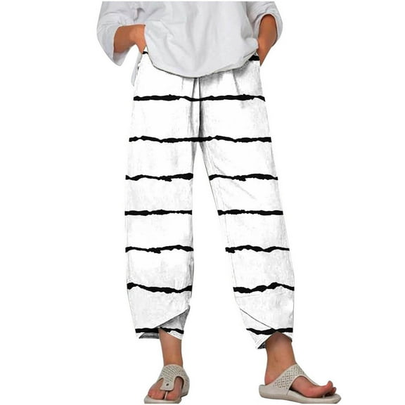 SHTXOZHI Summer Pants for Women Casual Print Capri Pants with Pockets Elastic Waist Wide Leg Trousers