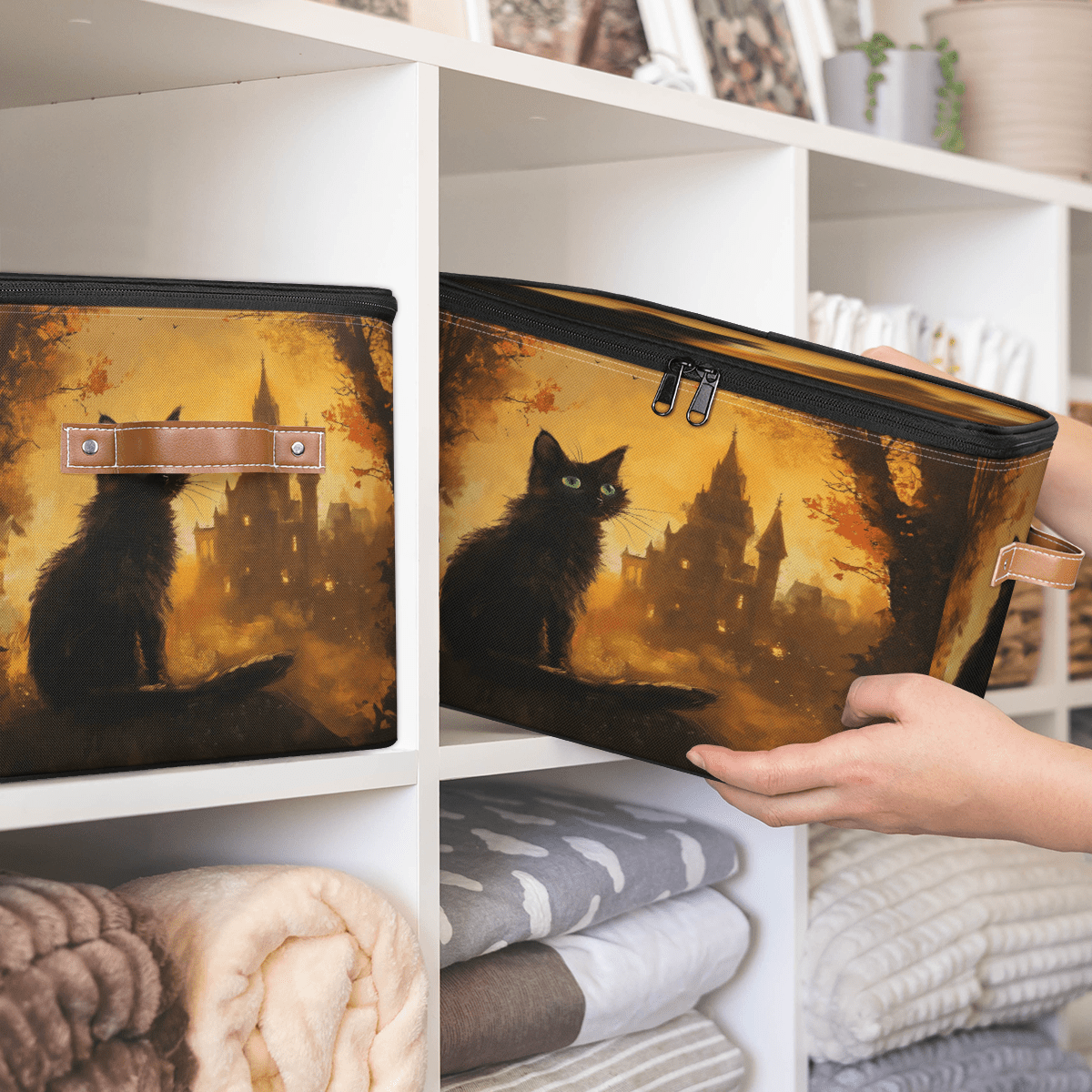 ADECORIVY Black Cat Halloween Storage Bin with Zipper Lid, Fabric Foldable Shelf Baskets Boxes, Closet Lidded Storage Bins, Decorative Clothes Organizer for Bedroom Home