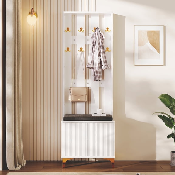 Entryway Coat Rack Set with Shoe Bench and Cushion, Hall Tree with 8 Gold Hooks, Shoe Cabinet with Push to Open Doors, white