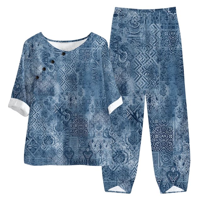 Birdeem Ensemble d'Été Imprimé pour Femmes Manches Mi-Longues Col Rond Haut Court + Pantalon Décontracté Ensemble de Détente Deux Pièces