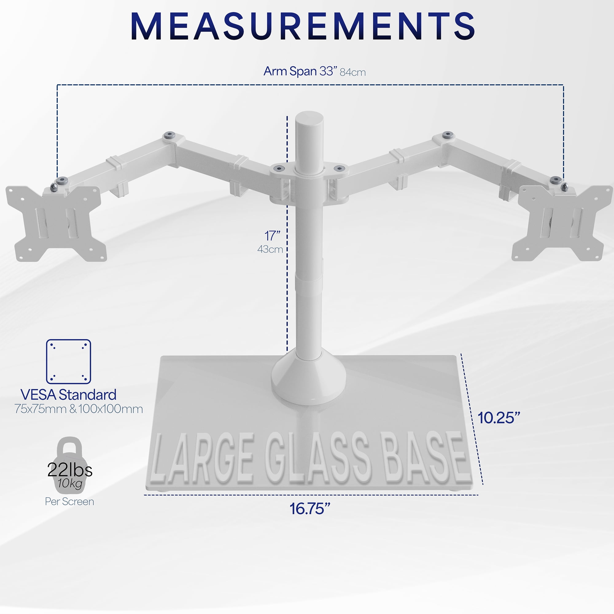 VIVO White Dual Monitor Adjustable Mount w/ Glass Base, Fits 2 Screens up to 32"