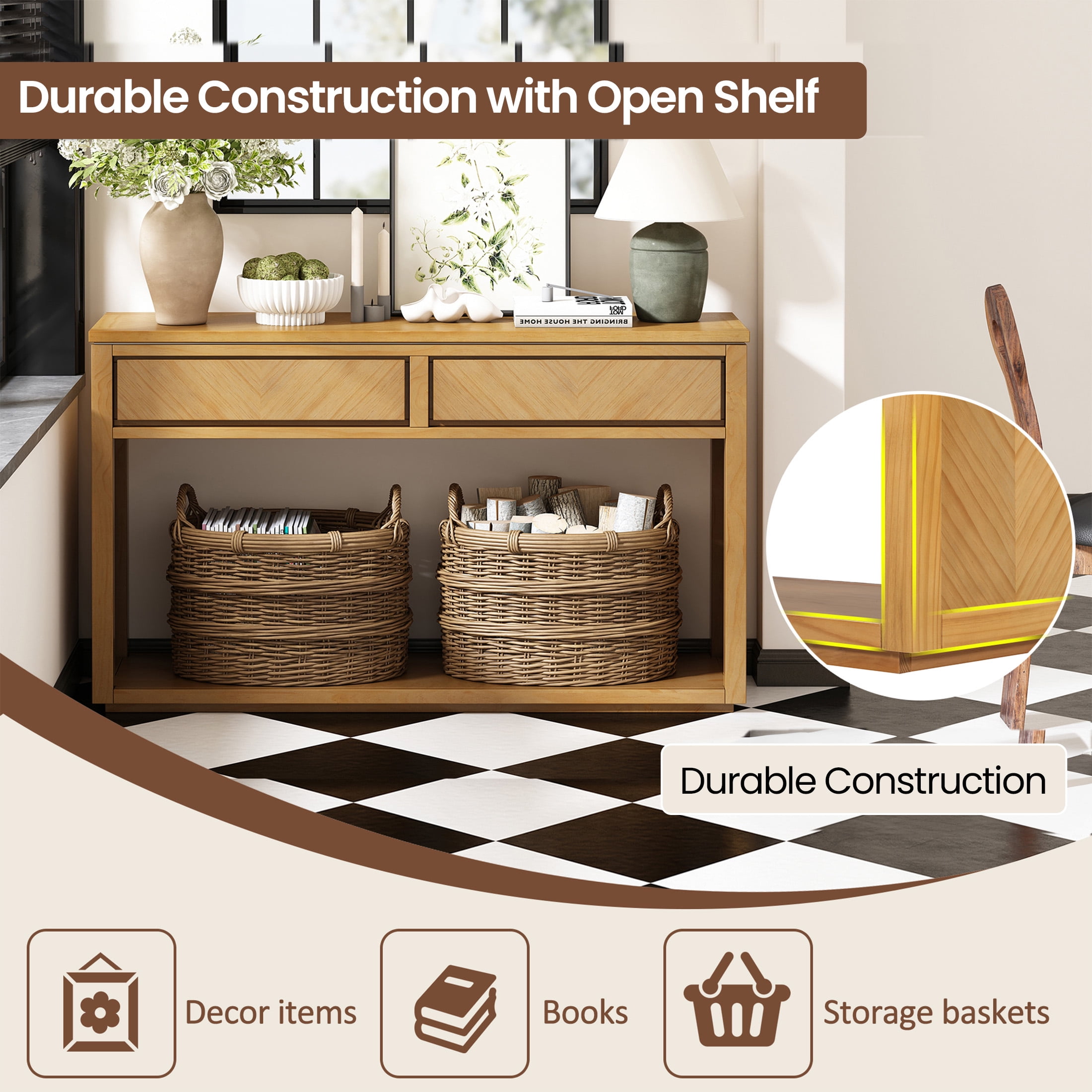 Aukfa 55" Console Table, Rustic Entryway Sofa Table with Storage Drawers and Open Shelf for Hallway and Living Room, Oak