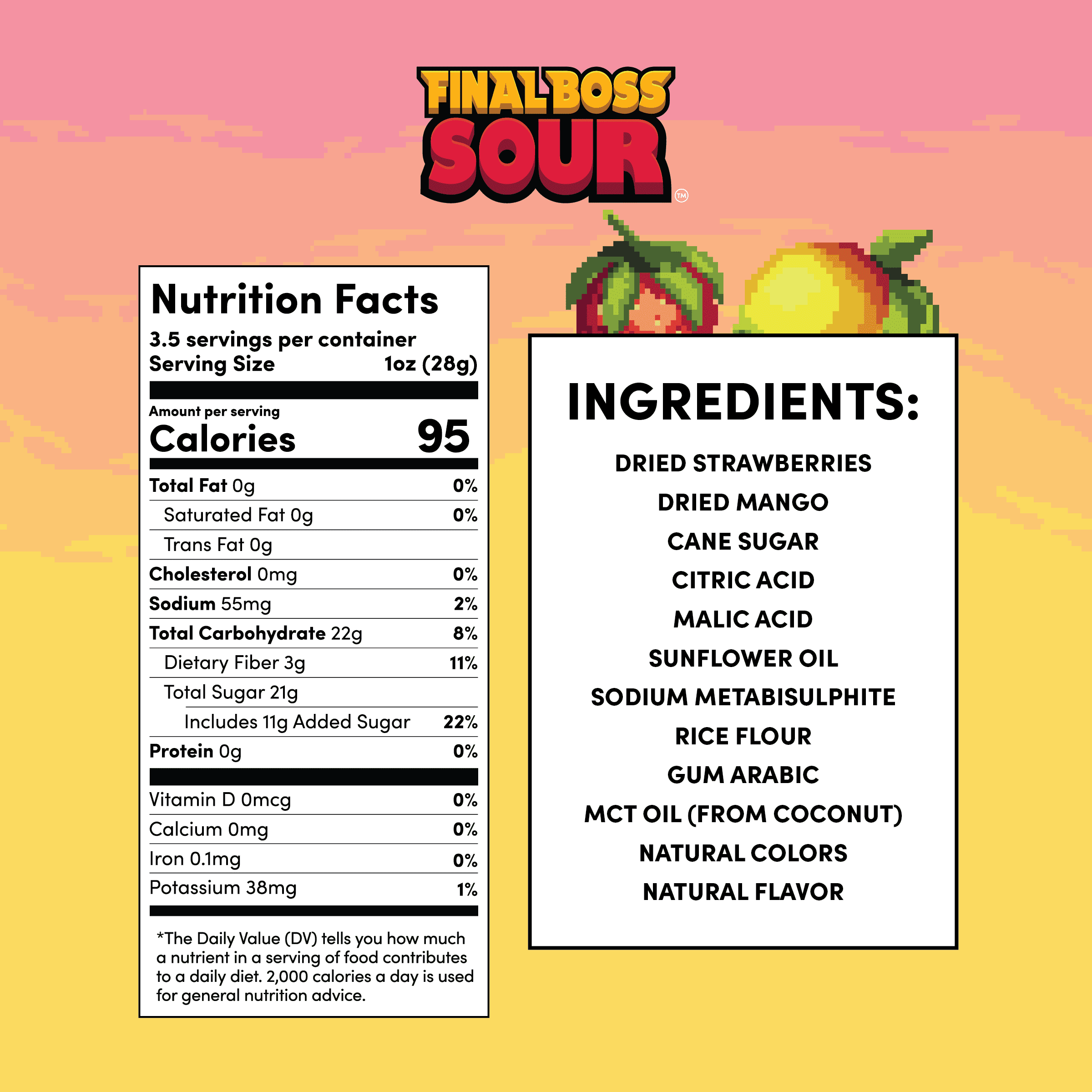 Final Boss Sour Level 2 Strawberry Mango Dried Fruit Snack, Real Dried Strawberries & Mangos with Medium Sour Flavor