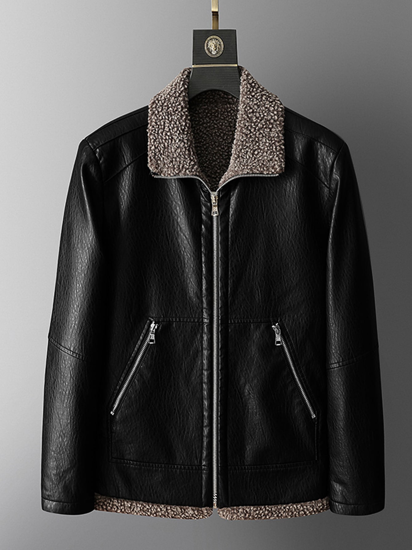 Men Borg Collar Teddy Lined Zipper PU 